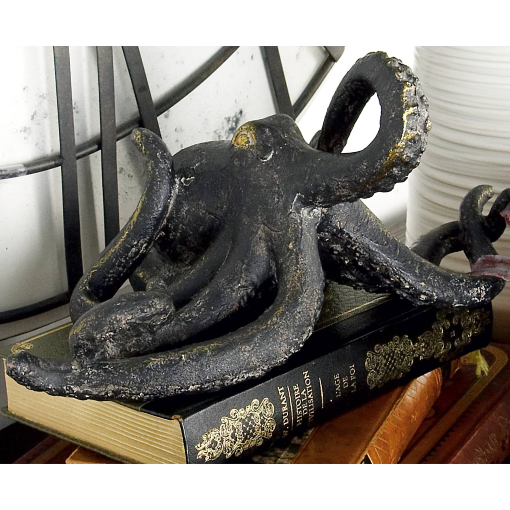 Black Polystone Coastal Sculpture, Octopus 5" x 11" x 7"